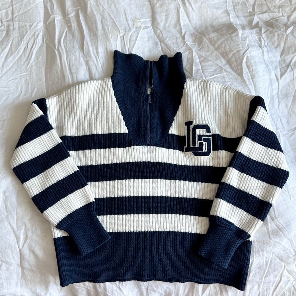 Navy and White Varsity Half Zip Sweater